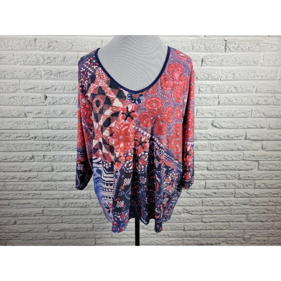 Caia Womens Top 1X Plus 3/4 Sleeve Pink Floral Poly Blend Casual FLO27E - Picture 1 of 8